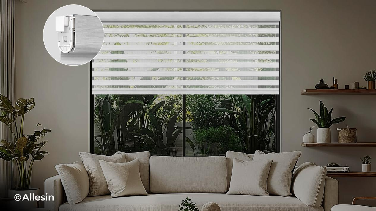 Siri Prestige Motorized Shades Allesin direka untuk digunakan di ruang tamu.
