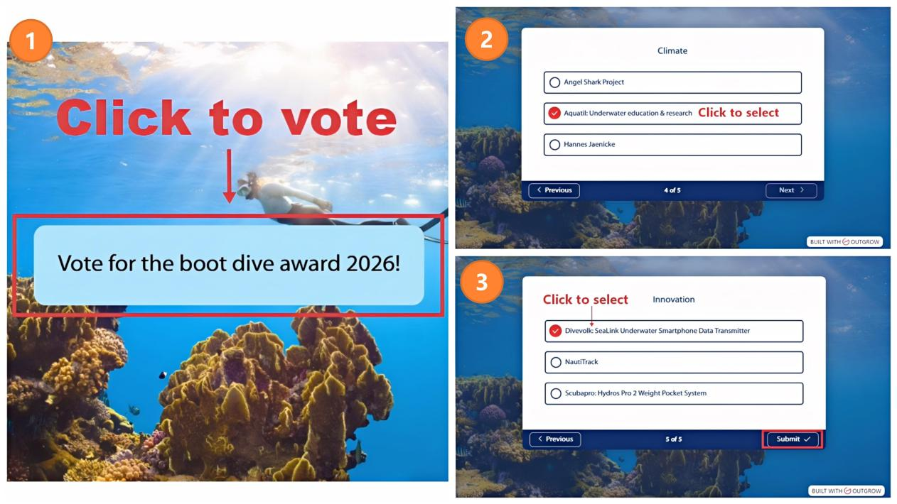 Schritt-f&uuml;r-Schritt-Anleitung zur offiziellen Abstimmung f&uuml;r den boot Dive Award 2026 f&uuml;r DIVEVOLK und Aquatil