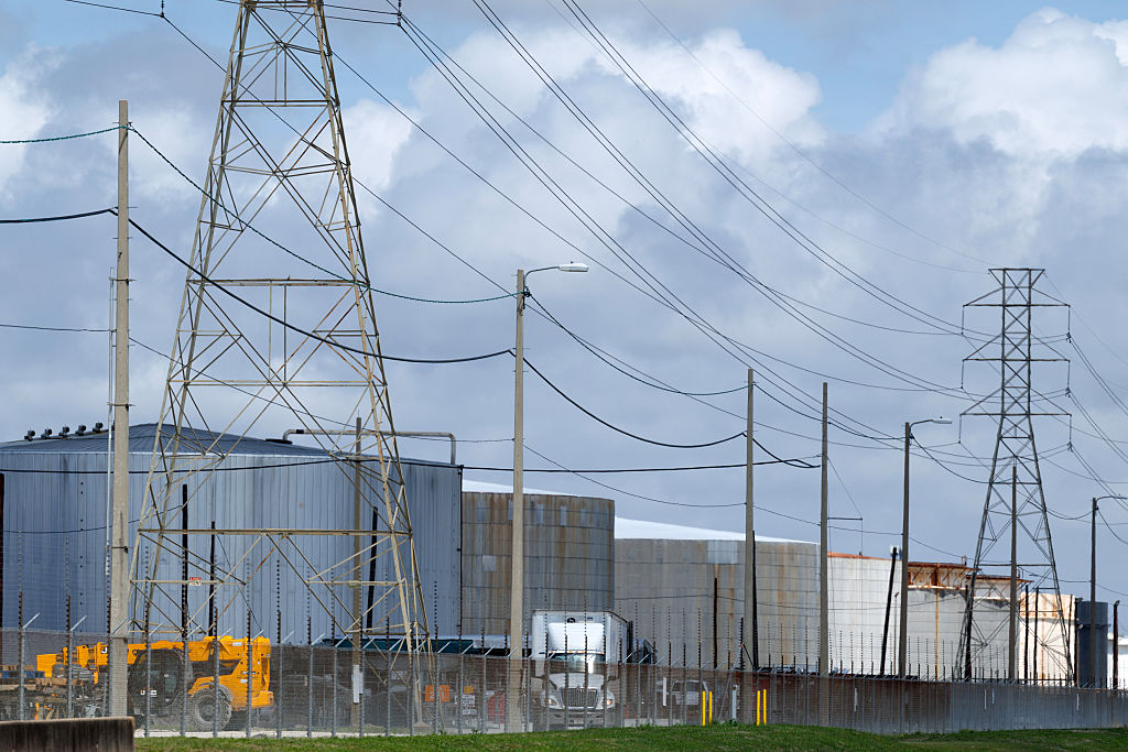Oil storage tanks at the Exxon oil refinery in Baytown, Texas