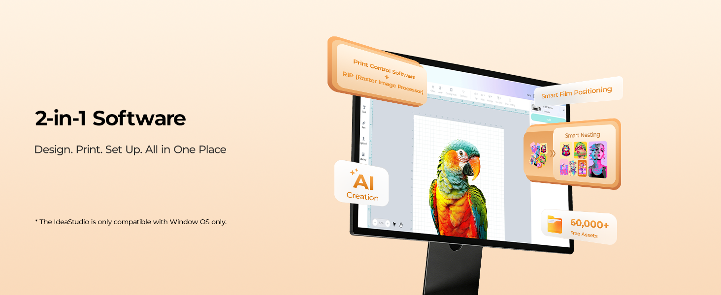HTVRONT D2 DTF printer with integrated IdeaStudio software for streamlined workflow and batch production support.