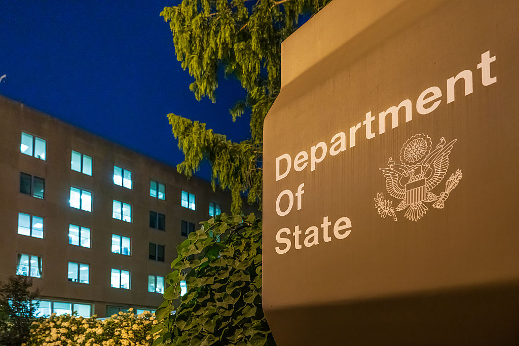 The U.S. Department of State headquarters building at dusk in Washington, D.C. on July 11, 2025.